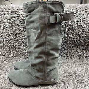 Simple Womens Sz 9.5 Tall Boots Gray Suede Leather Ruffle Winter